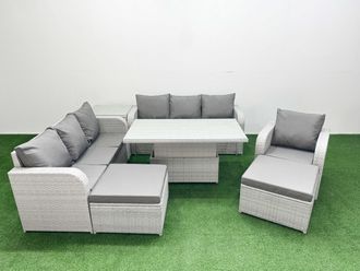Fimous 9 Seater Poly Rattan Outdoor Garden Furniture Adjustable Lifting Dining or Coffee Table Sofa Set Patio 3 Seater Sofa Reclining Chair 3 Seater
