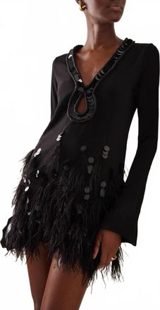 Johanna Ortiz Dancing Embellished Mini Dress With Feathers In Black