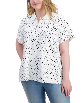 Tommy Hilfiger Polo Shirt Women White Polka Dot Short Sleeve Collared FTS13