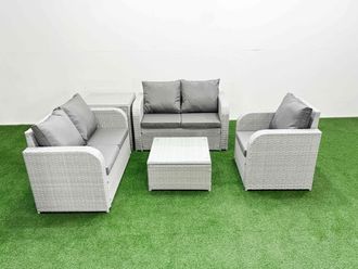 Fimous High Back Poly Rattan Garden Furniture Set w/ Reclining Chair Loveseat Sofa Square Coffee Table Indoor Outdoor Patio Set Side Table Light Grey