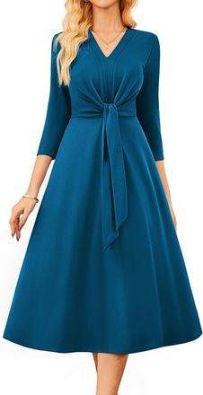 Grace Karin Womens A-Line Office Dress Elegant V-Neck 3/4 Sleeve Midi Dress with Pockets Peacock Blue 2XL