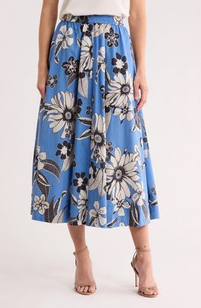T Tahari Floral Cotton Pull-On Skirt in Blue Flower Print at Nordstrom Rack, Size X-Large