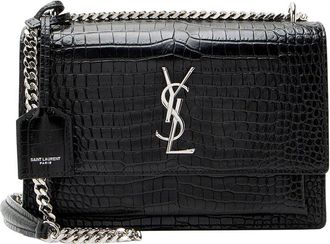 Saint Laurent Black Croc-Embossed Leather Sunset Medium Shoulder Bag (Authentic Pre-Loved)