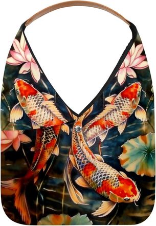 Generic Koi Fish Lotus Painting Reusable Lightweight Grocery Bags - Foldable Into Compact Pouch, Washable & Sturdy, Multipurpose for Shopping and Travel