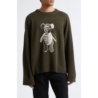 The Elder Statesman Teddy Intarsia Oversize Cashmere Sweater in New Olive/White at Nordstrom, Size X-Large