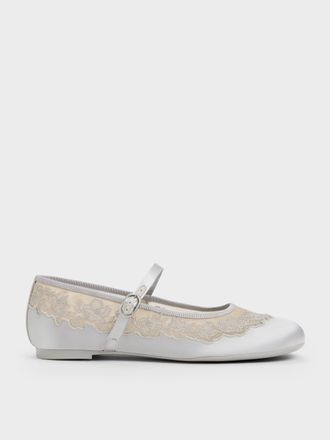 Charles & Keith Satin Embroidered-Mesh Mary Jane Flats