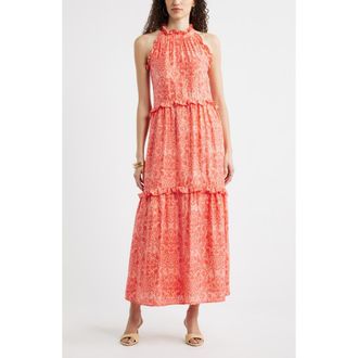 Chelsea28 Ruffle Trim Sleeveless Maxi Dress in Coral Coastal Medallion at Nordstrom, Size Xx-Small