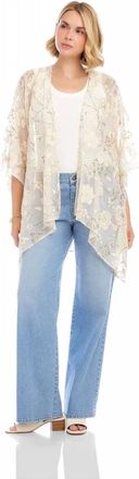 Karen Kane Faris Floral Embroidered Open Front Jacket Kimono In Gold And Off-White