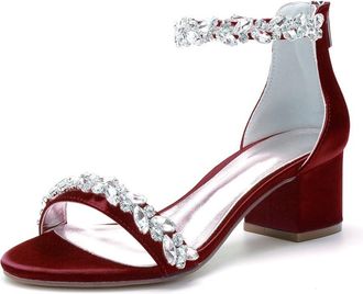 Generic Wedding Bridal Shoes Women Block Heel Wedding High Sandals Rhinestones Ankle Strap Low Heel Bridal Shoes 5.5Cm,Wine red,10 UK