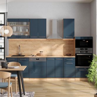 Vicco Mueble De Cocina Fame-line, Azul Oscuro Alto Brillo/roble Dorado, 300 Cm Con Armario Alto, Sin Encimera