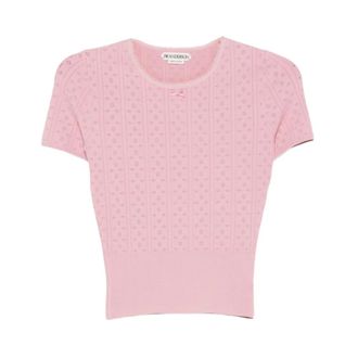 J.W.Anderson Truien & Vesten, Dames, Roze, M, Leer, Gebreid Pointelle T-shirt