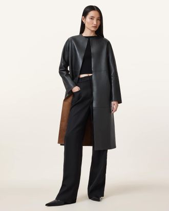 AllSaints Womens Goat Leather Selby 2-In-1 Reversible Suede Mac Coat, Size: UK 14/US 10