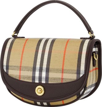 Burberry Womens Plaid Canvas Top Handle Bag Beige Cotton