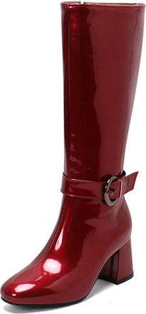Generic Womens Square Toe Block Heel Shiny Metallic Knee High Riding Boots with Side Zipper and Buckle Strap Decor (Red,5.5)