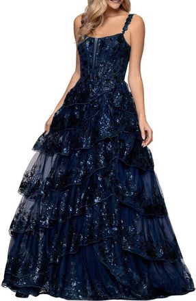 Blondie Nites Sequin Tiered Ruffle Ballgown in Navy at Nordstrom, Size 15