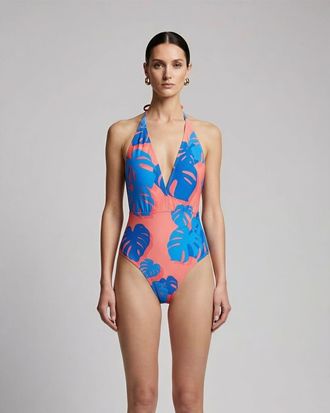 Lords of Harlech Monstera Floral Womens Halter One-Piece Swimsuit in Monstera Floral Coral at Nordstrom, Size X-Small