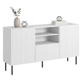 Dmora Aparador Malo, Aparador De Sal&oacute;n Con Dos Puertas Batientes, Un Caj&oacute;n Y Dos Compartimentos Abiertos, Dise&ntilde;o Efecto Estriado, 150 X 42 H 82 Cm, Blanco