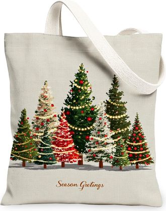 Generic Christmas Tree Canvas Tote Bags, Rustic Holiday Design Reusable Grocery Bags, Winter Vintage Lightweight Washable Shoulder, Beige, 13x15 Inch
