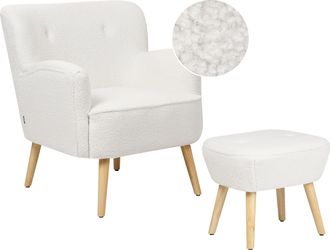 Beliani Beliani - Conjunto Sill&oacute;n Y Reposapi&eacute;s Moderno Boho Tapizado Botones Blanco Liso Boucl&eacute; Tumba