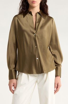 Vince Silk Button-Up Shirt in Cypress at Nordstrom, Size Xx-Small