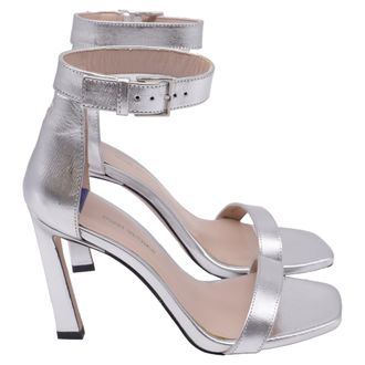 Stuart Weitzman Square Nudist Ankle Strap Sandals in Silver Leather
