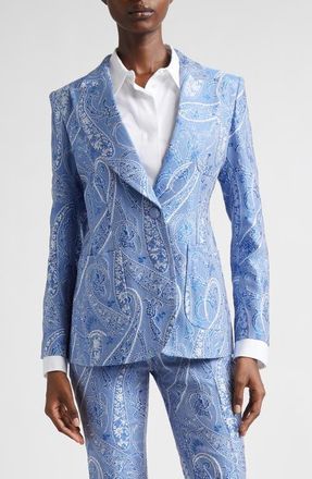Etro Microcheck Embroidered Paisley Jacket in Multicolour On Blue Base at Nordstrom, Size 12 Us