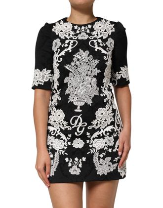 Dolce & Gabbana Womens Black Lace Trim Short Sleeves A-Line Dress