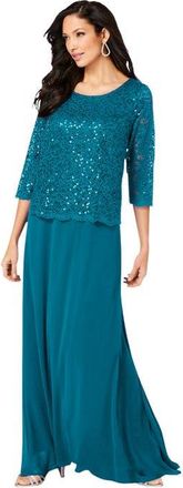 Roaman's Plus Size Sequin Lace Three Quarter Sleeve A-Line Gown in Deep Teal at Nordstrom, Size 44
