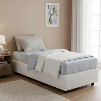 Dmora Cama Individual Alessandra, Cama Contenedor Con Tapizado En Ecopiel, 100% Made In Italy, Apertura Frontal, Con Colch&oacute;n Cm 90x190 Incluido, Blanco, Con