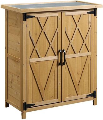 OUTSUNNY Armario De Exterior De Madera 0,24 M&sup2; 75x40x90 Cm Con 2 Puertas 4 Estantes Y Techo De Galvanizado Para Almacenamiento De Herramientas Natural