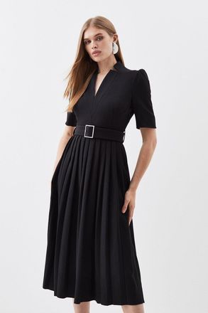 Karen Millen Womens Tailored Structured Crepe Forever Pleat Belted Midi Dress - Black - Size 6 UK