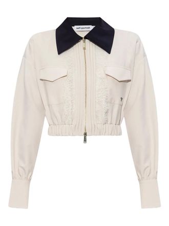 Self Portrait lace-trimmed zip-front jacket - Neutrals