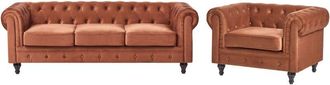 Beliani Chesterfield Living Room Set Golden Brown Velvet Upholstery Black Legs 3 Seater Sofa + Armchair CHESTERFIELD