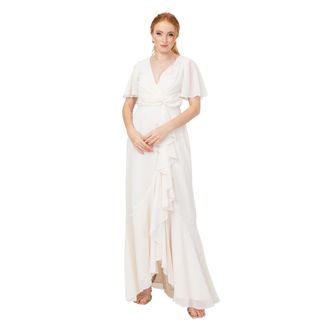 Anaya with Love Womens Maxi Dress Ladies Wrap V-Neck Flutter Sleeve Ruffle A-Line Bridesmaid Wedding Guest Occasion Prom Ball Gown Womens, Off-White, 14