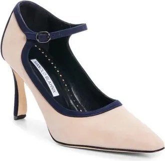 Manolo Blahnik Churla Ankle Strap Pump in Beige/navy4 at Nordstrom, Size 36.5