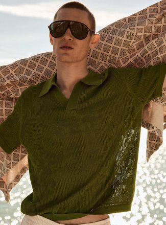 Le 31 Mens Pointelle-pattern knit Johnny collar polo