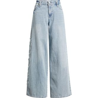 YMI Joey Super Wide Leg Jeans with Love Appliqu&eacute; in Light Blue at Nordstrom, Size 13