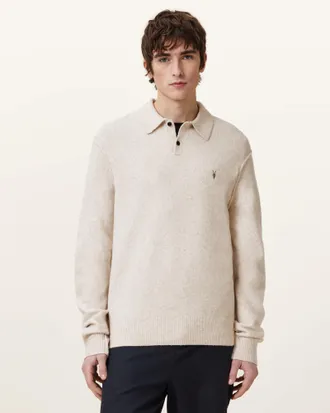 AllSaints Mens Viscose/Wool Statten Long Sleeve Ramskull Polo Jumper, Size: XXL