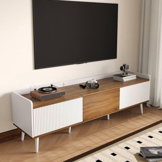 Merax Mid-Century TV Cabinet with Fluted Contrast Doors & Raised Top Edge in White