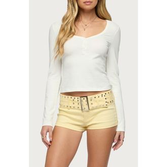 Edikted Leah V-Neck Crop Henley Top in White at Nordstrom, Size X-Small