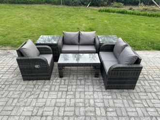 Fimous Rattan Outdoor Garden Furniture Sofa Set Patio Table & Chairs Set with 2 Side Tables Dark Grey Mixed