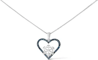 House of Brilliance 925 Sterling Silver 1/10ct TDW Blue Treated Diamond Heart Pendant Necklace