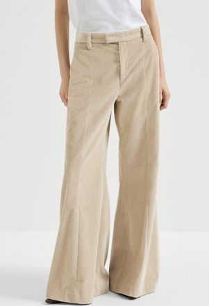 Brunello Cucinelli Cotton corduroy wide flare trousers with monili in Cream at Nordstrom, Size 48