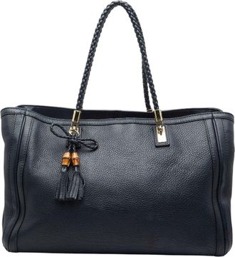 Gucci Navy Canvas Leather Shoulder Bag Tote Bag (Pre-Owned)