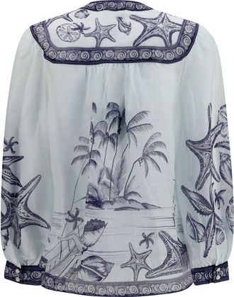 Farm Rio Womens Blouse Seaside Print Off-White Coast Scarf Ramie Shirt