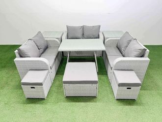 Fimous 9-seater Patio Rectangular Table Love Sofa Set with 2 Side Tables in Light Grey