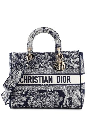 Dior Borsa tote Lady D-Lite grande in tela con ricamo - Blu
