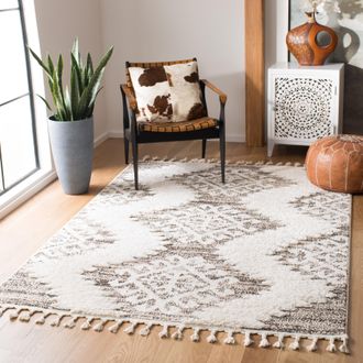 Safavieh Moroccan Tassel Shag Area Rug, Ivory / Brown Bohemian Style Non-Shedding