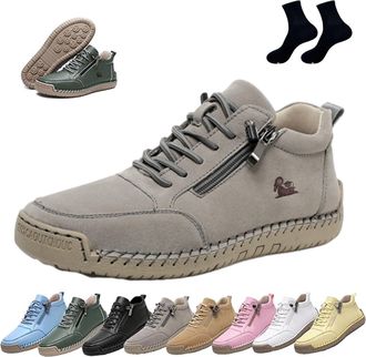 Generic Womens Handmade Leather Orthopedic Comfy Shoes - Lightweight Non-Slip Ankle Boots for Outdoor Casual Driving and Walking with Side Zipper(Grey,10.5)