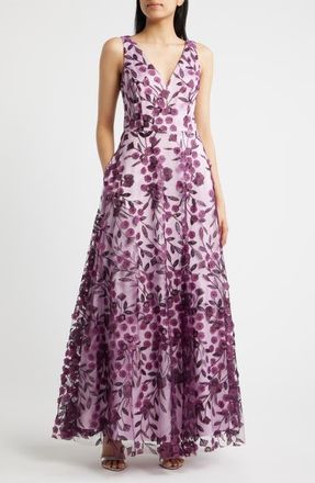 Eliza J Floral Appliqu&eacute; Sleeveless Gown in Plum Combo at Nordstrom, Size 14
